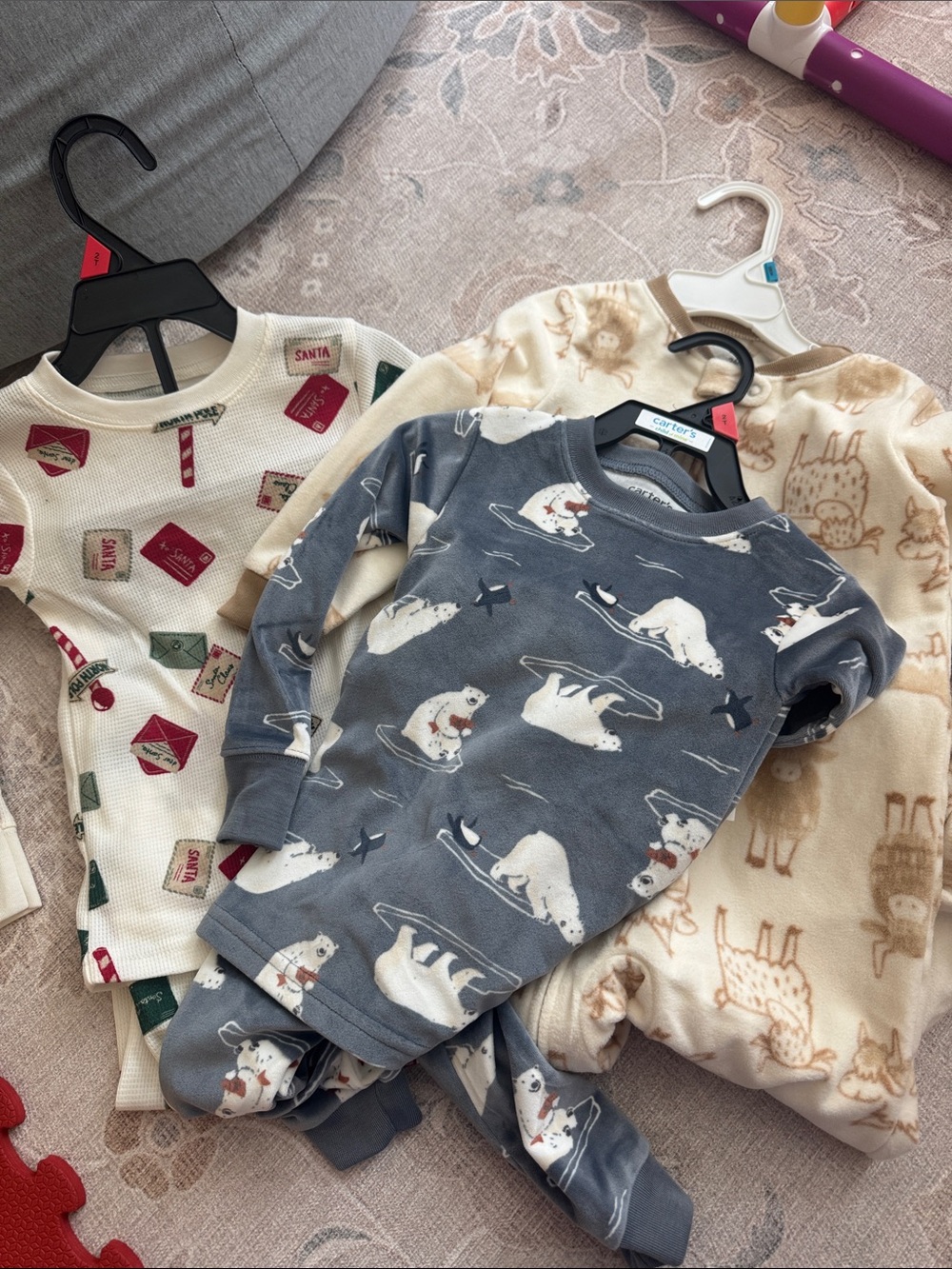 3 Carter's Gray Polar Bear Penguin Print Kids Pajama Set cotton fleece 2T 24m